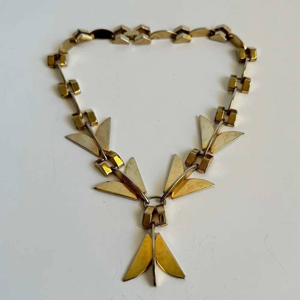 Vintage Modernist Necklace Gold Tone Retro Geometric 60s Collar Bib Runway Piece